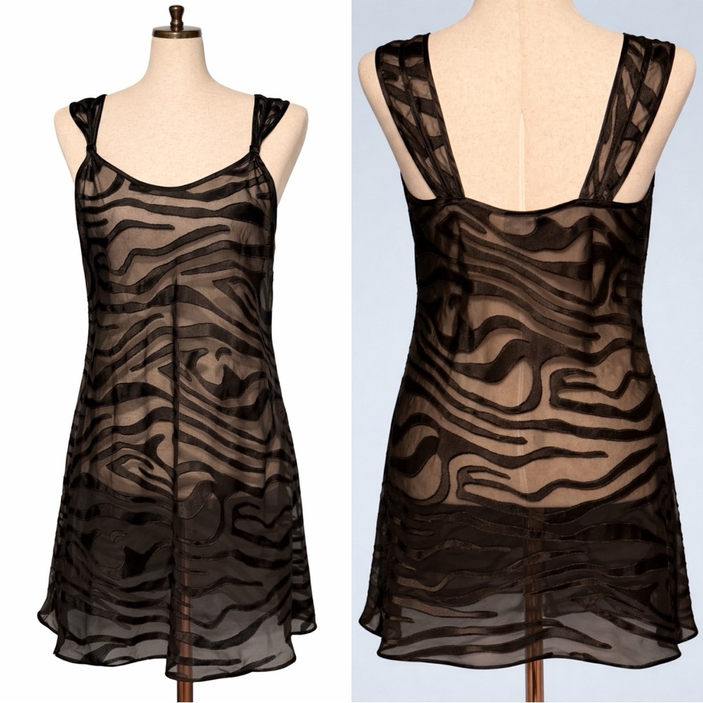Vintage translucent "zebra" black stripe negligee, chemise, slip, lingerie. M